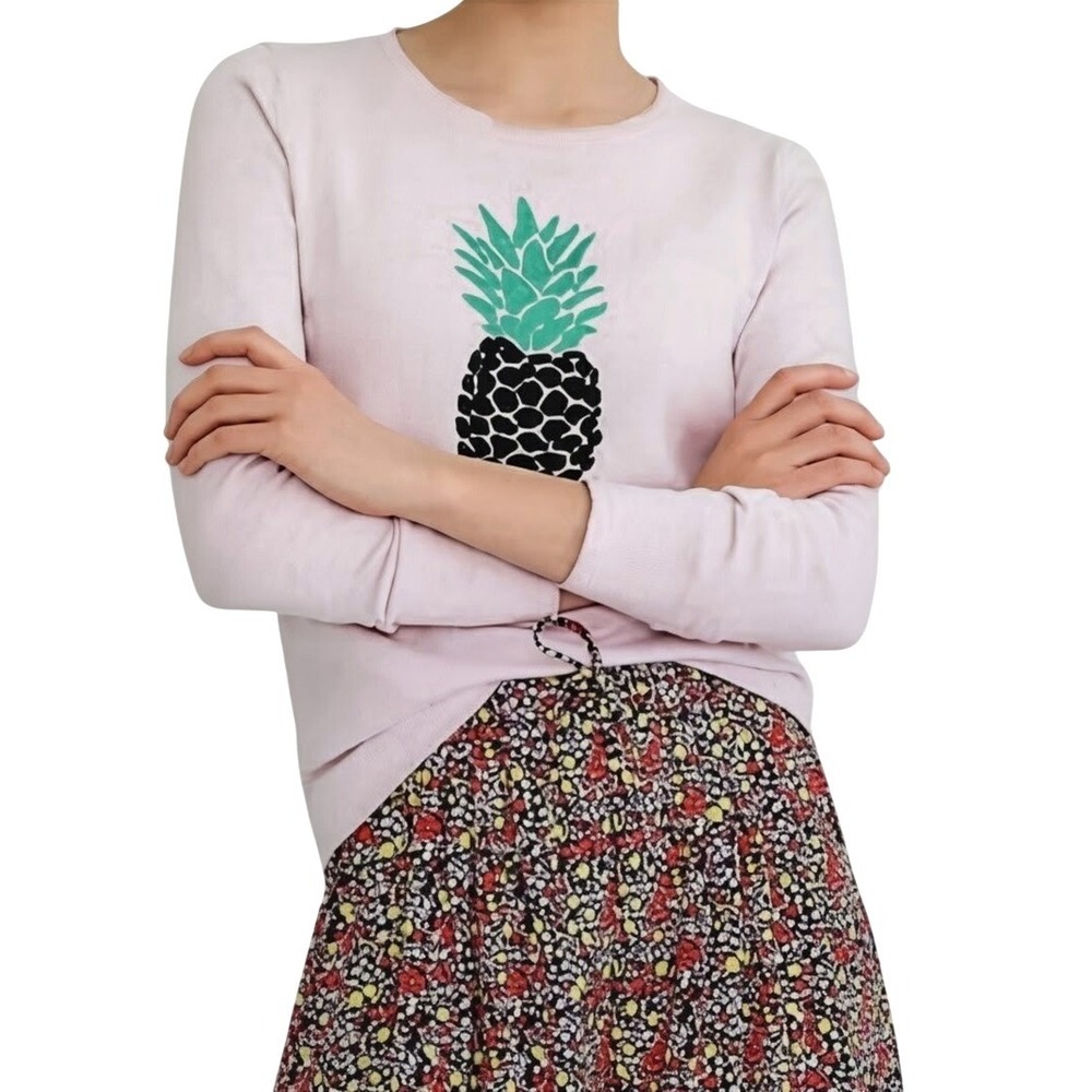 J.Crew Pink Pineapple Cotton Sweater XS Embroidered Pullover 100% Cotton